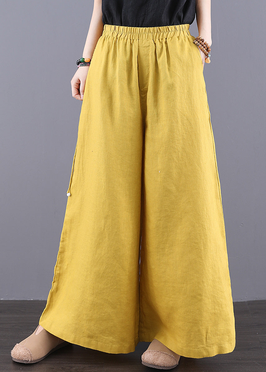 Yellow Elastic Waist Pockets Linen Pants Summer