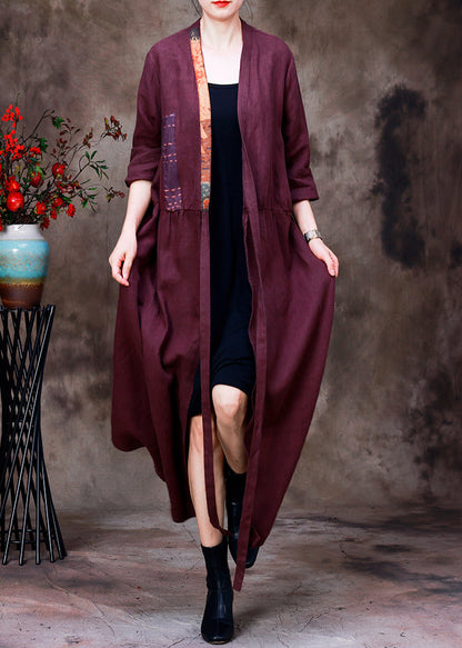 Handmade Purple V Neck Embroideried Patchwork Tie Waist Linen Cardigans Half Sleeve