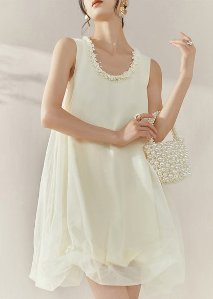 Classy Beige O-neck Patchwork Tulle Mid Dresses Sleeveless