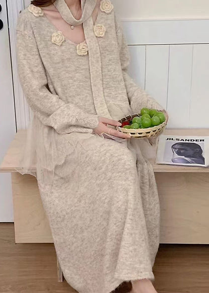 Beige Patchwork Knit Two Piece Set Clothing Winter