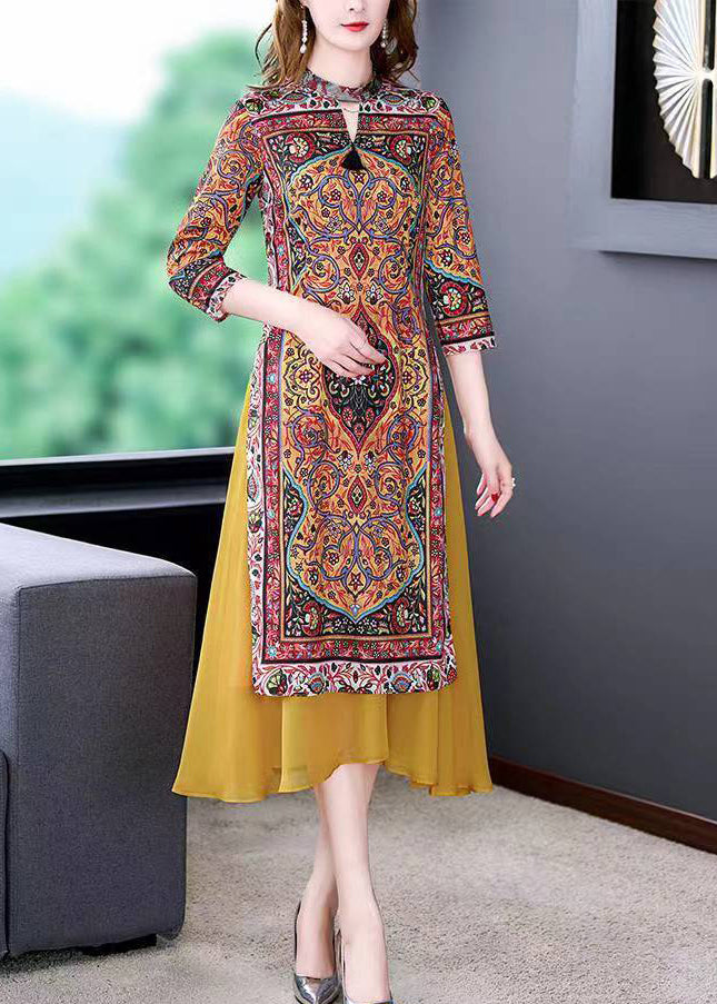 Fitted Yellow Stand Collar Patchwork Print Chiffon Fake Two Piece Dress Summer