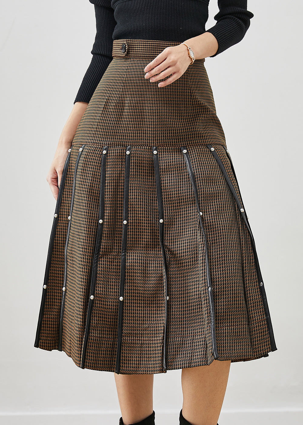 Brown Rivet Silm Cotton Pleated Skirts Spring