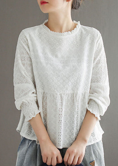 Handmade Pink O-neck Patchwork Jacquard Fall Top Long Sleeve