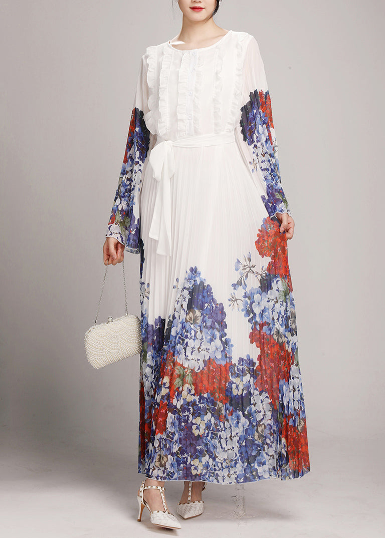 White O-neck Ruffled Patchwork Tie Waist Chiffon Long Dress Long Sleeve