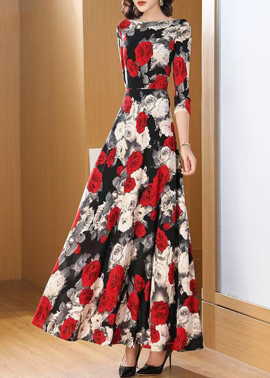 O Neck Print Chiffon Long Dress Bracelet Sleeve