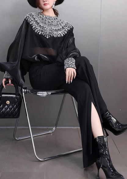 French Black Oversized Ice Silk Shirt Top Batwing Sleeve