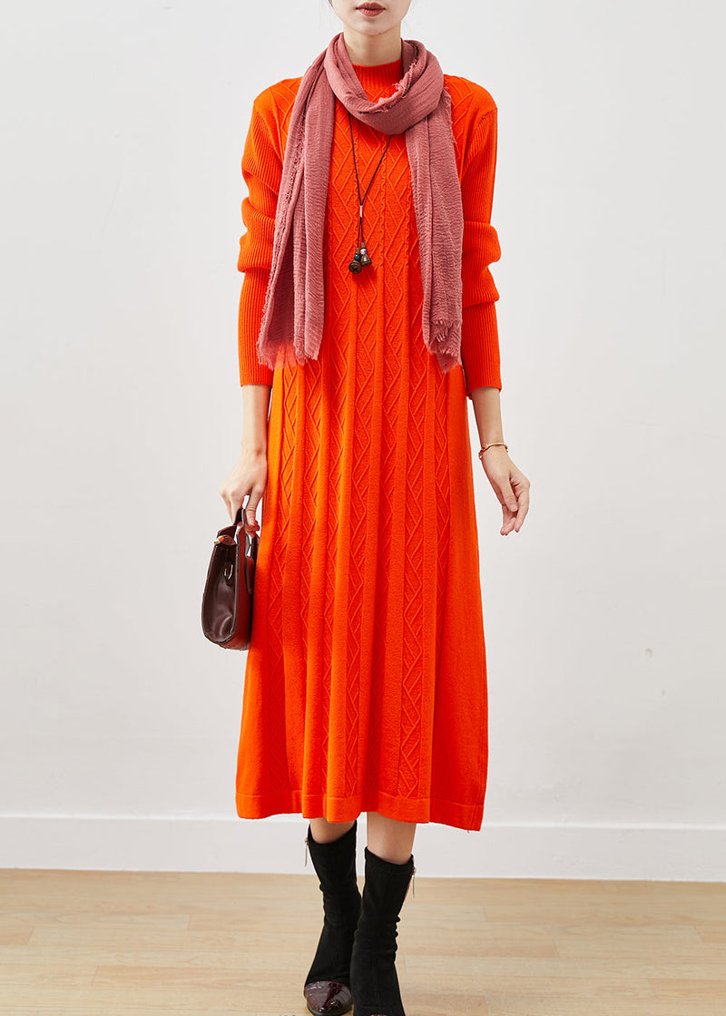 Orange Stand Collar Wrinkled Knit Dress Winter