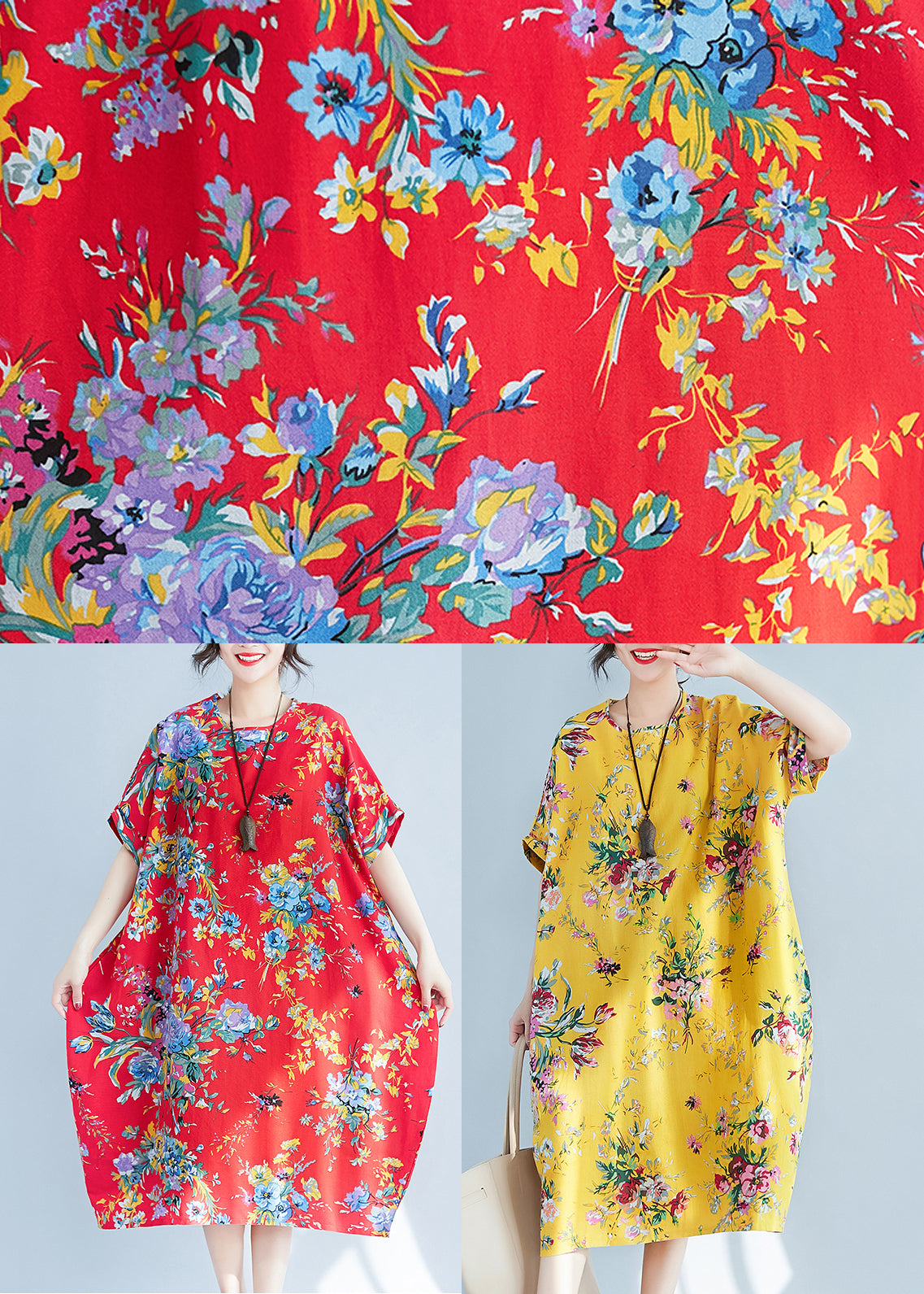 Yellow O-neck Print Cotton Holiday Dress Summer