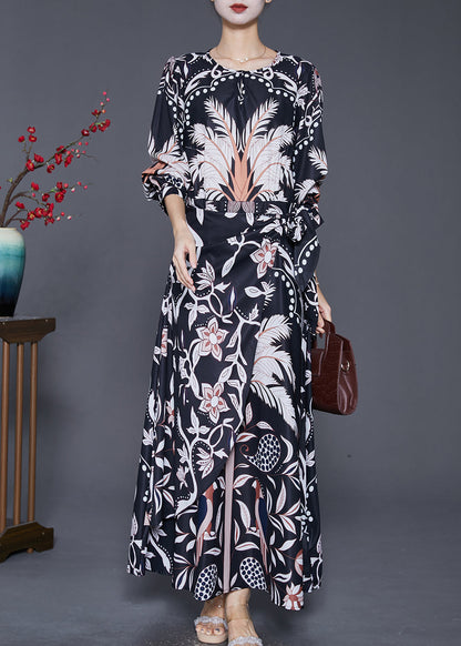 Black Cinched Print Silk Beach Long Dresses Fall