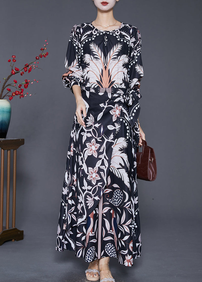 Black Cinched Print Silk Beach Long Dresses Fall