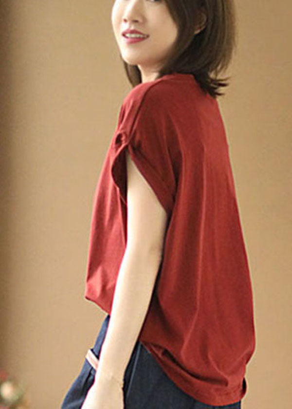 Style Red O-neck Color Cotton Loose Tank Tops Short Sleeve
