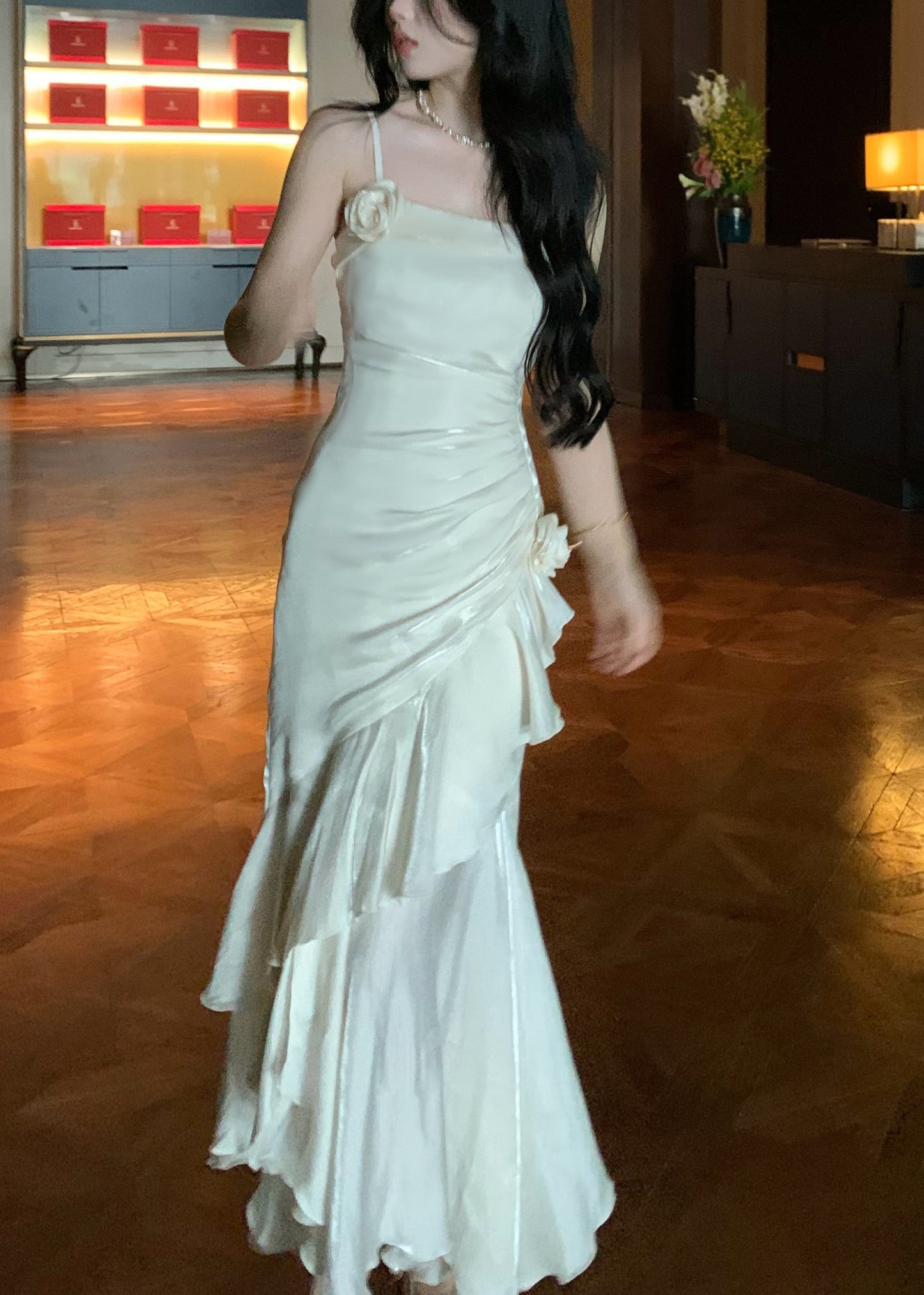 White High Waist Silk Party Dress Ruffled Summer