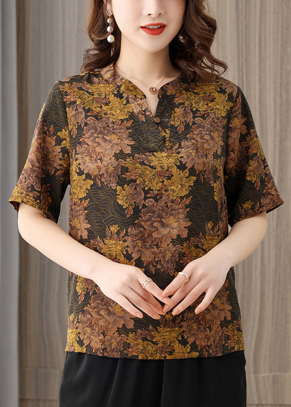 Chocolate Print Silk Blouse Top for O-neck Button Short Sleeve