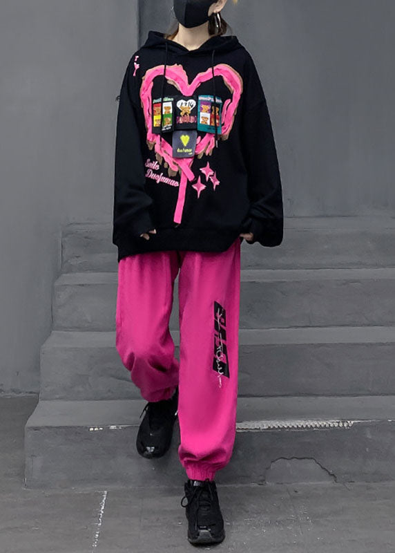 Black Print Cotton Hooded Pullover and Lantern Pants Two Pieces Set Fall