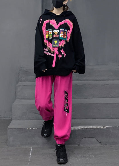 Black Print Cotton Hooded Pullover and Lantern Pants Two Pieces Set Fall