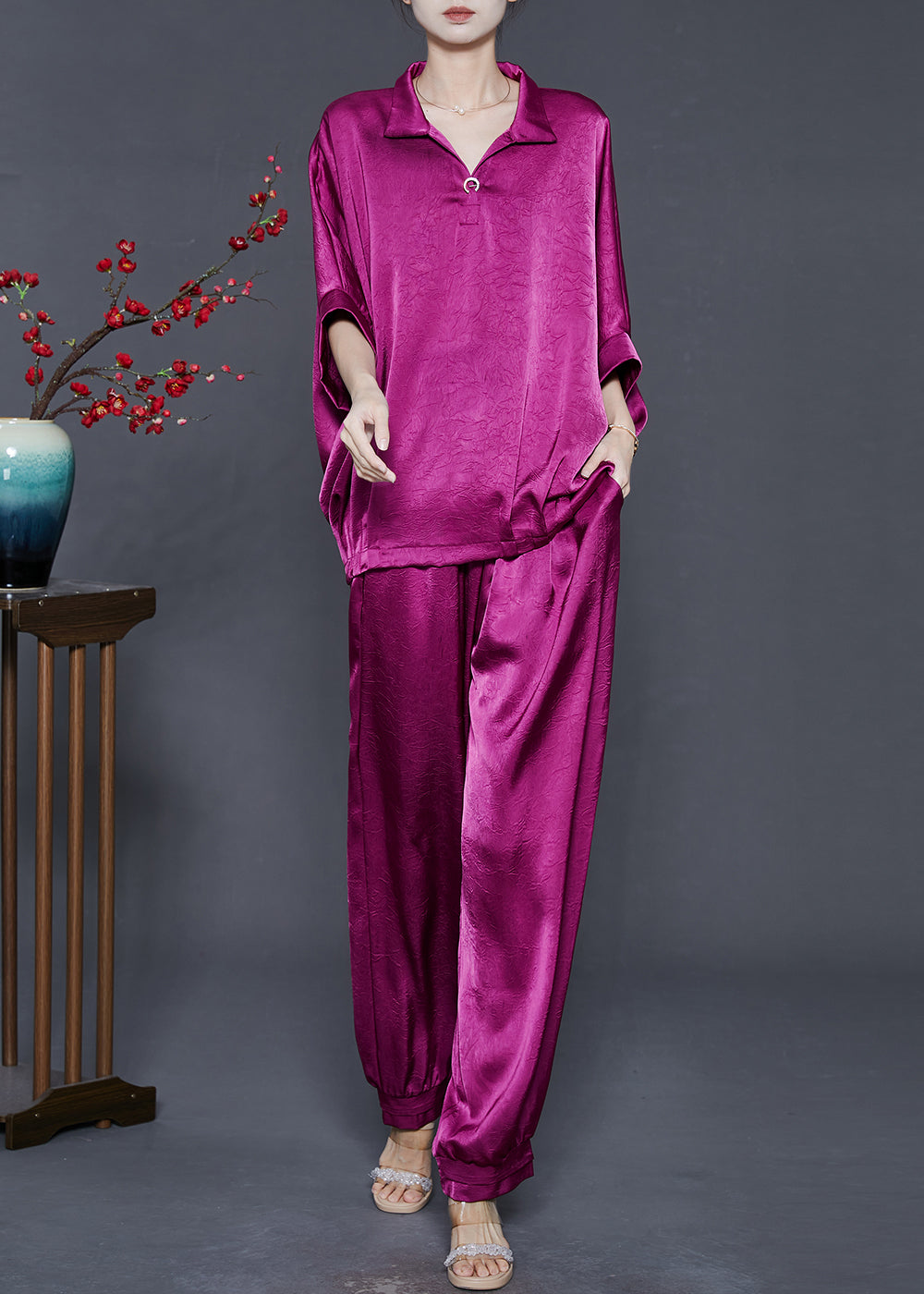 Stylish Purple Oversized Wrinkled Silk Sets 2 Pieces Summer