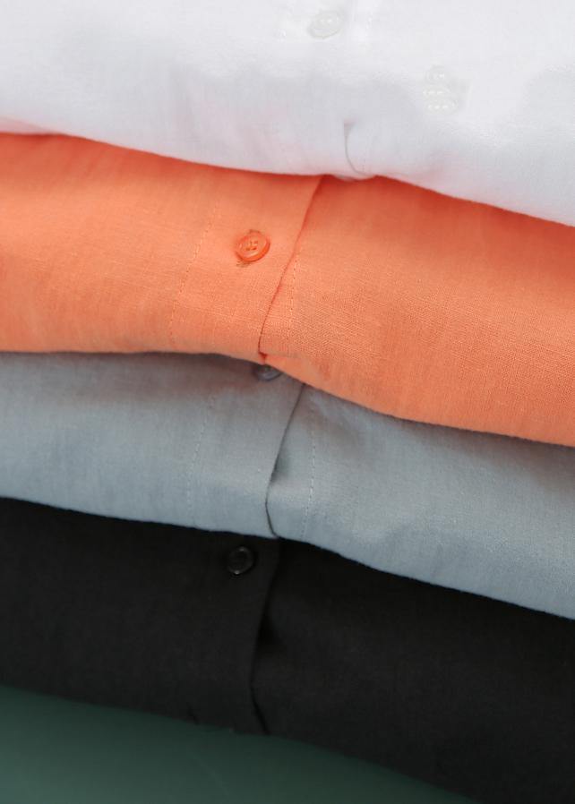 Orange Cinched Lantern Sleeve Linen Summer Blouses