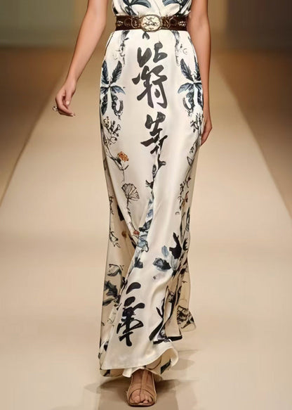 White Cinched Print Silk Dress Sleeveless
