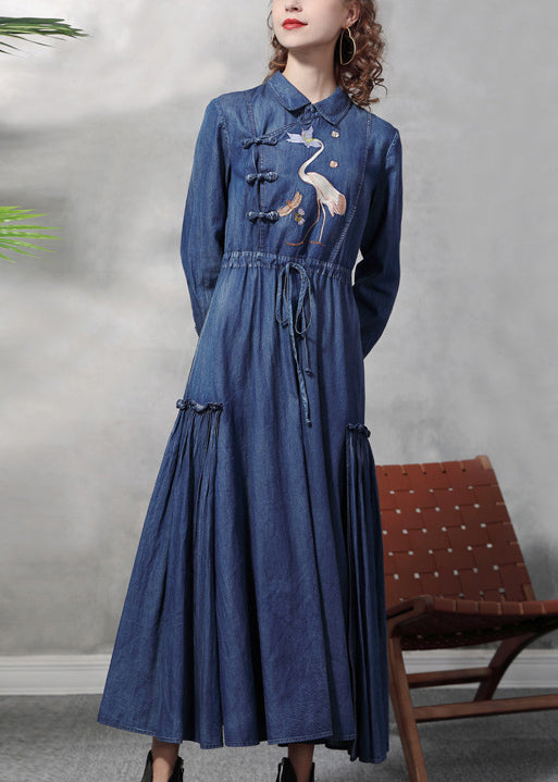 Denim Blue Peter Pan Collar Embroideried Ruffled Drawstring Cotton Oriental Dresses Long Sleeve