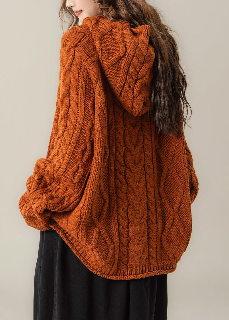 Orange Oversized Cable Knit Spring Top Hooded