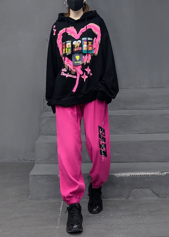 Black Print Cotton Hooded Pullover and Lantern Pants Two Pieces Set Fall