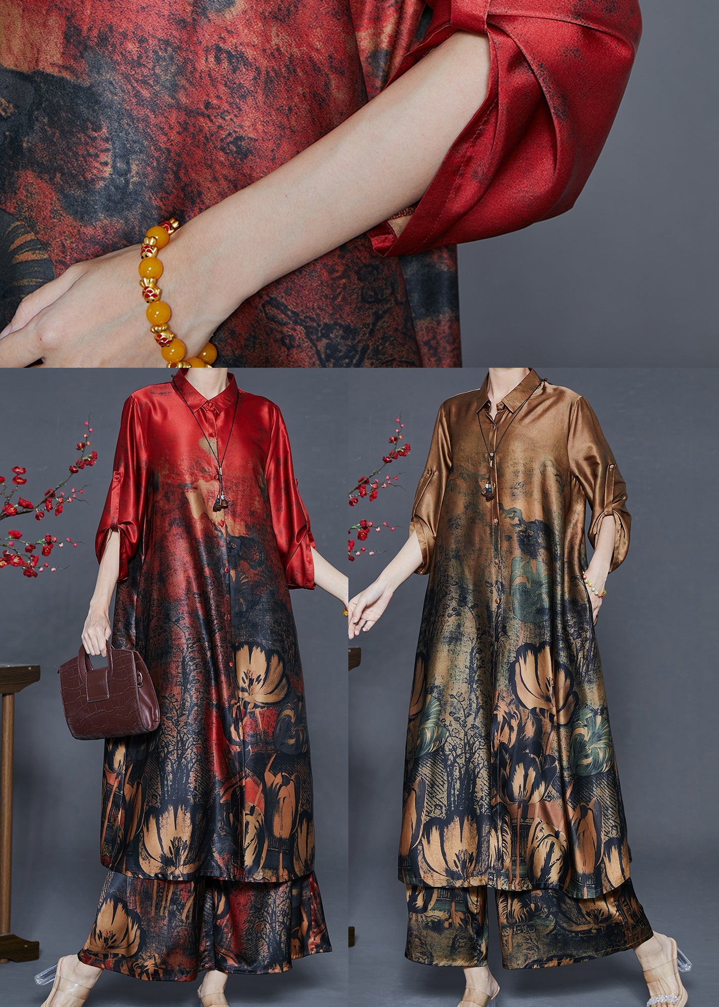 Red Oversized Print Silk Two Piece Set Outfits Fall