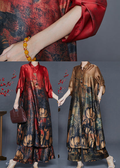 Red Oversized Print Silk Two Piece Set Outfits Fall