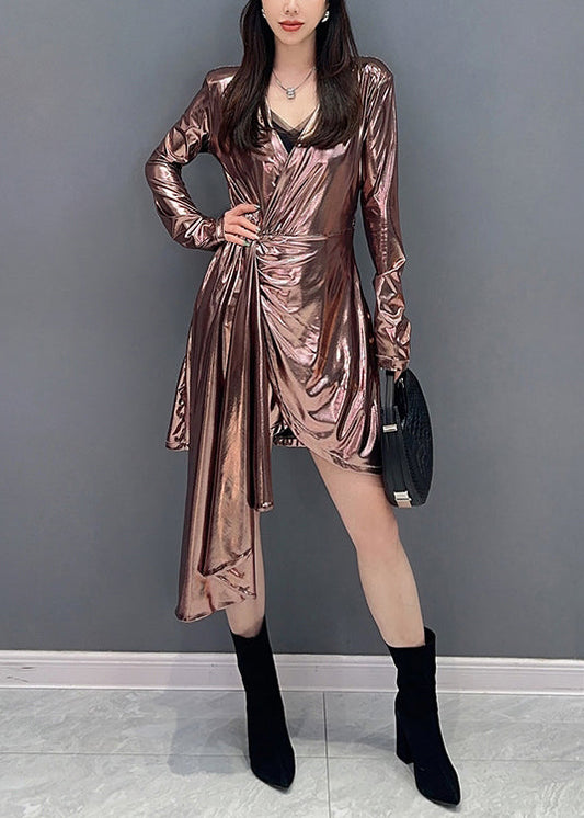 Pink Asymmetrical Wrinkled Cotton Dress Long Sleeve