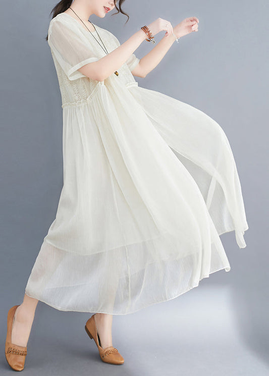 Apricot Asymmetrical Design Silk Dresses Short Sleeve
