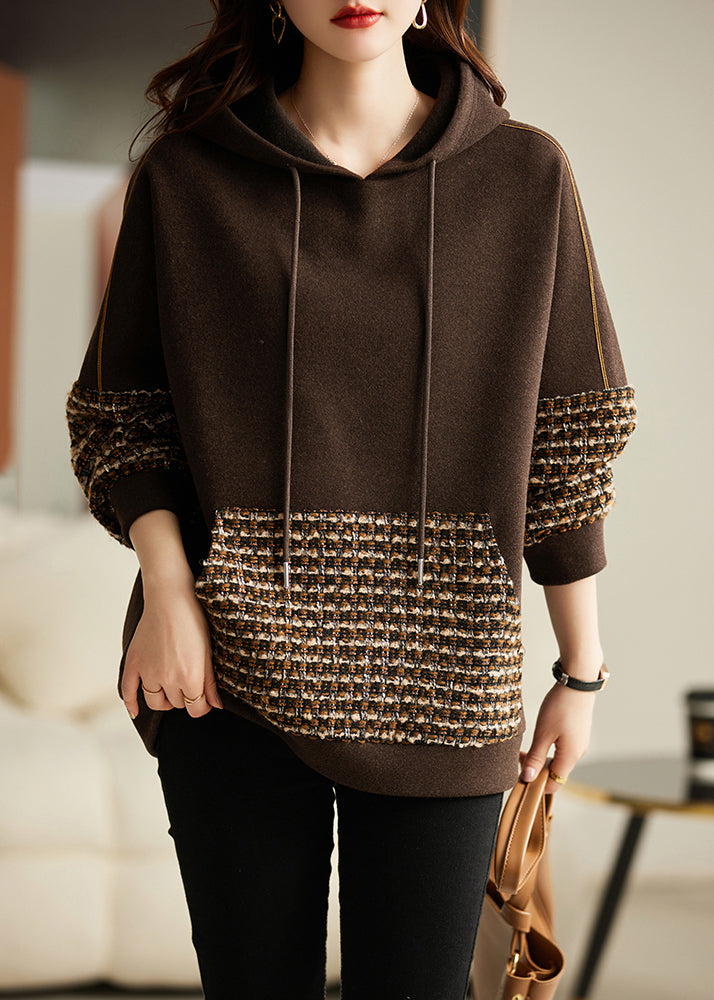 Diy Brown Hooded Patchwork Cotton Sweatshirt Spring