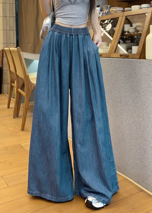 Navy Elastic Waist Denim Wide Leg Pants Summer