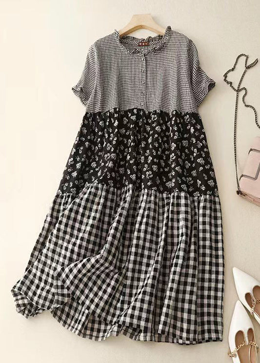Diy Plaid Ruffled Print Patchwork Cotton Dress Summer