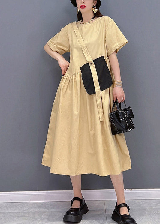 Italian Khaki O-neck Button Pockets Patchwork Wrinkled Dress Short Sleeve