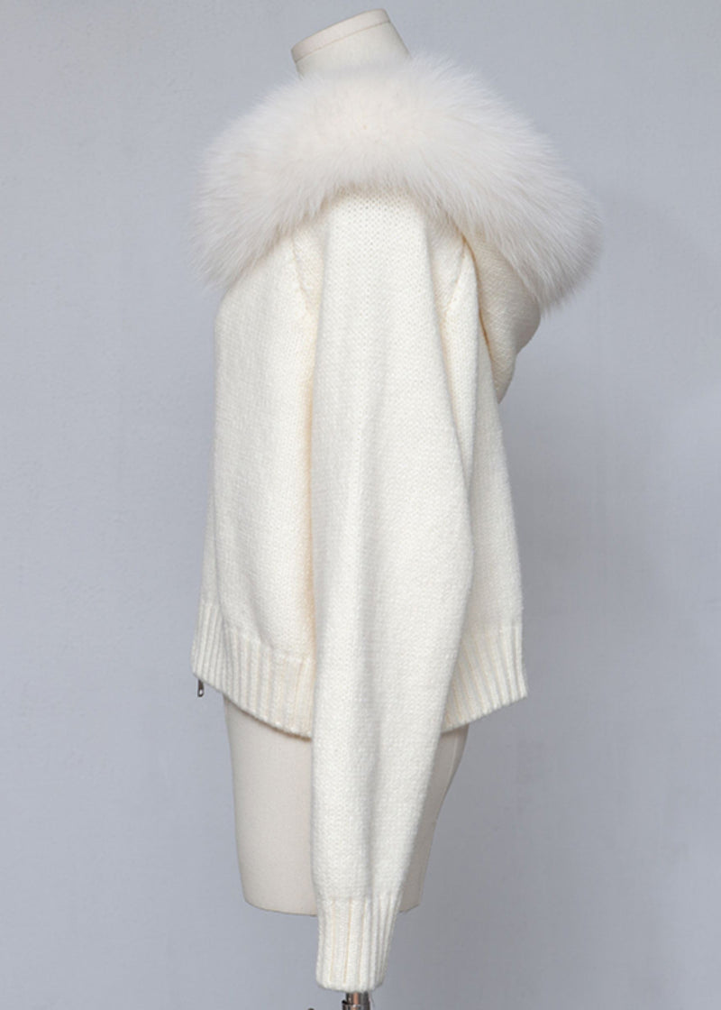 White Hooded Zippered Cozy Patchwork Knit Coat