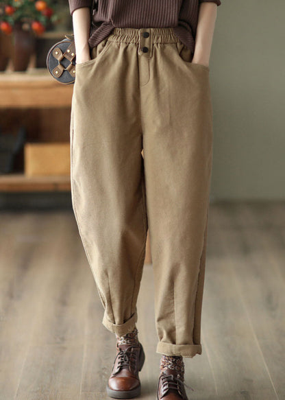 Khaki Elastic Waist Oversized Cotton Harem Pants Fall