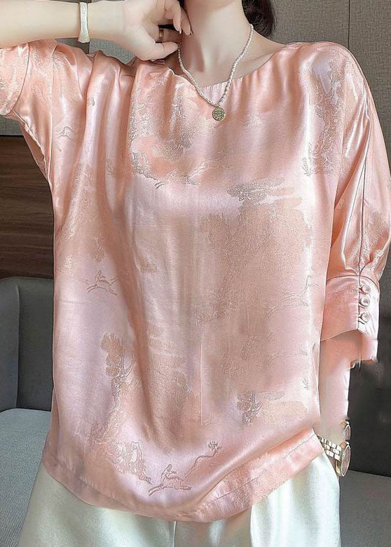 Pink O-neck Jacquard Button Silk Blouse Tops Half Sleeve