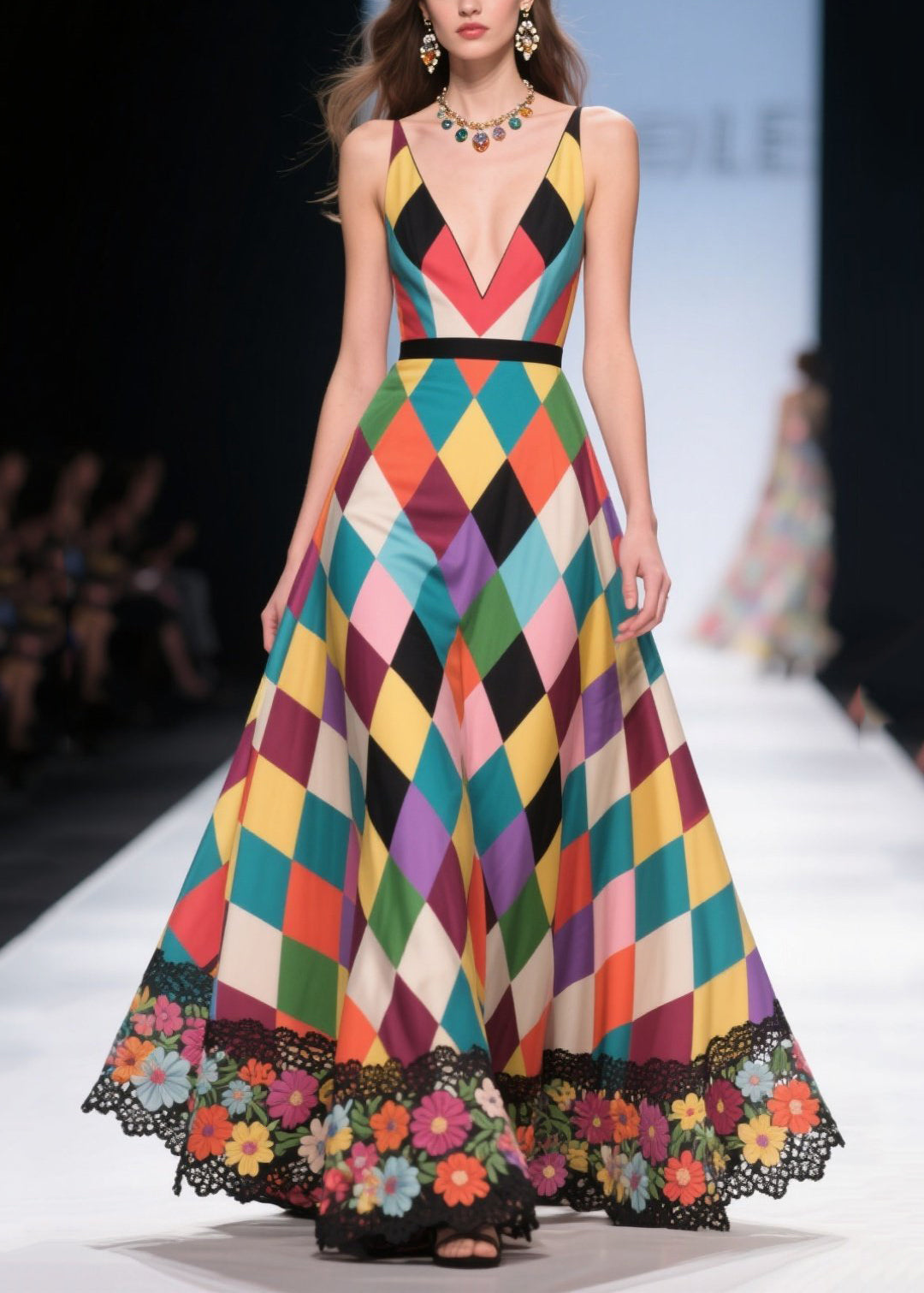 Polychrome Plaid Patchwork Lace Party Dress Summer