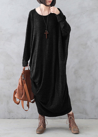 Black O-neck Low High Design Wool Knit Maxi Sweater Dress Fall
