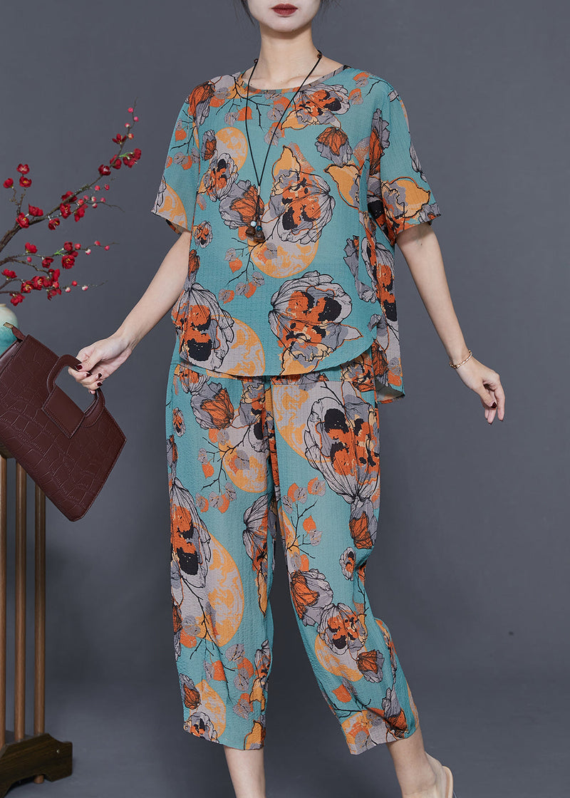 Diy Blue Oversized Print Linen Two Pieces Set Summer