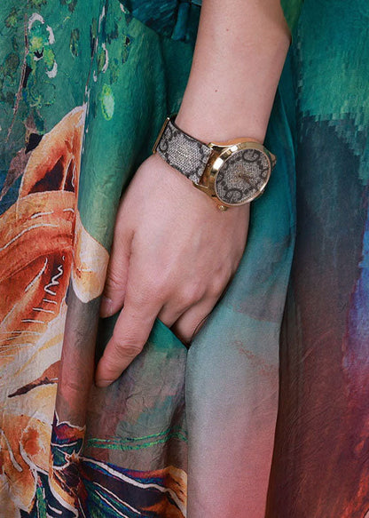 Green O-neck Oversized Print Pockets Silk Beach Dresses Bracelet Sleeve