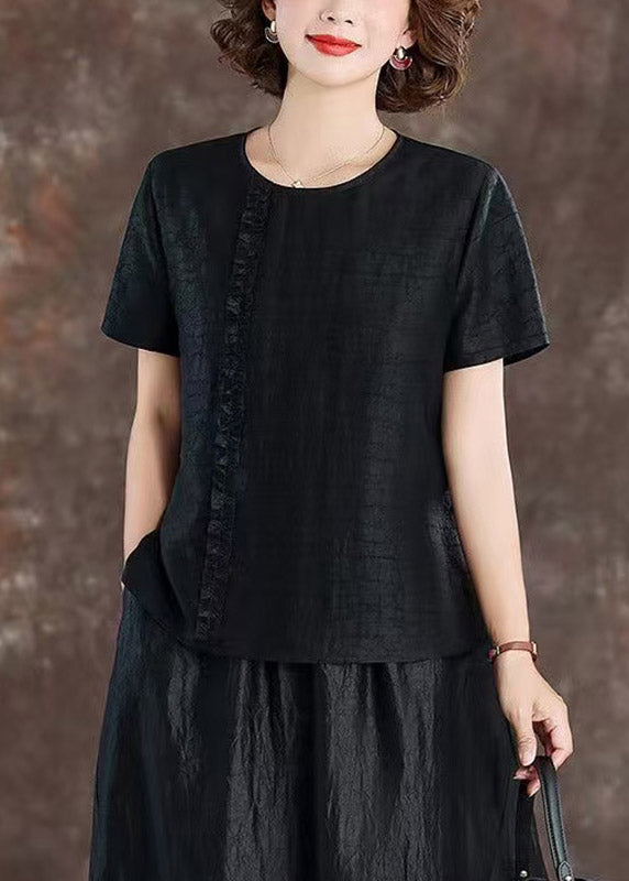 Black Ruffled Patchwork Silk Tops Short Sleeve