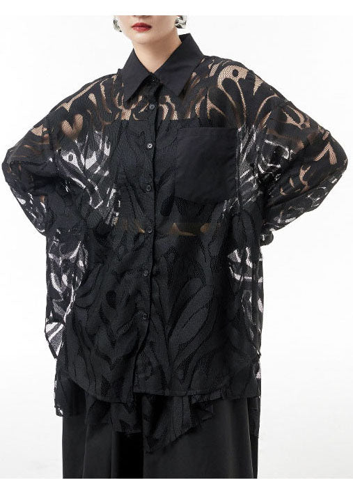 Simple Black Button Peter Pan Collar Patchwork Lace Shirts Spring