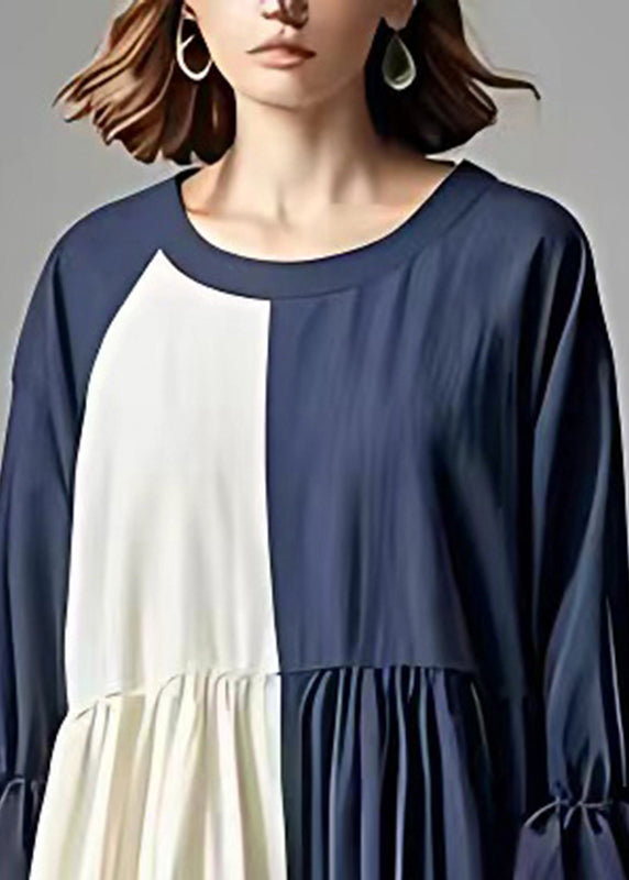 Navy Oversized Patchwork Cotton Pleated Dress Flare Sleeve