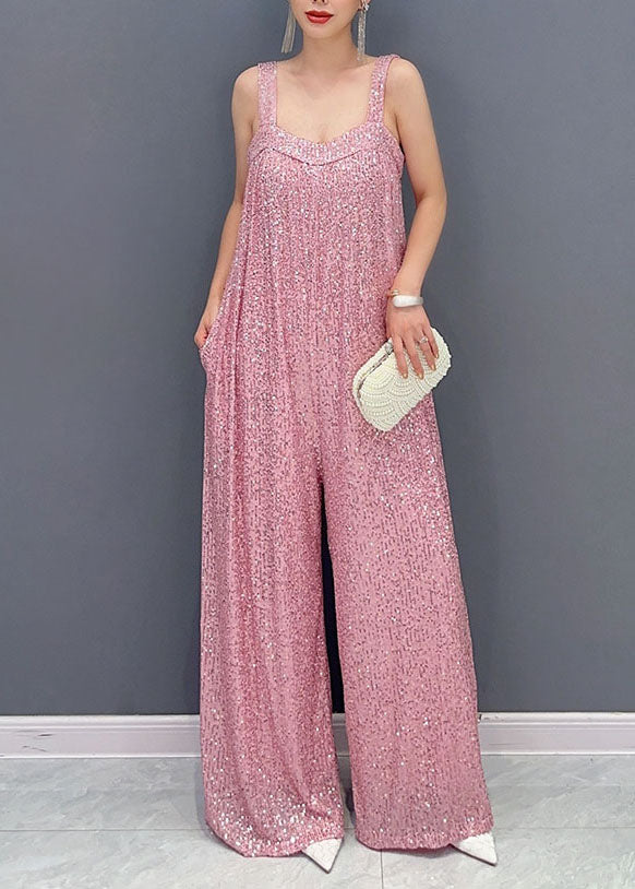 Pink Slash Neck Sequins Spaghetti Strap Jumpsuit Summer