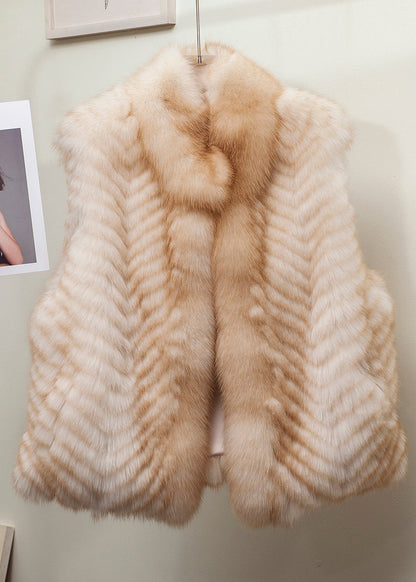 Gilded Stand Collar Leather and Fur Waistcoat Sleeveless
