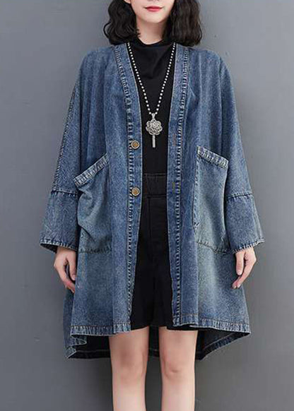 Blue V Neck Pockets Denim Coats Fall