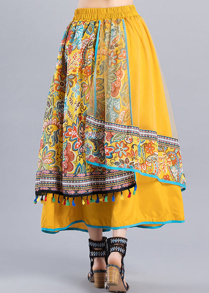 Yellow Print Lace Up Tulle Patchwork Skirt Summer