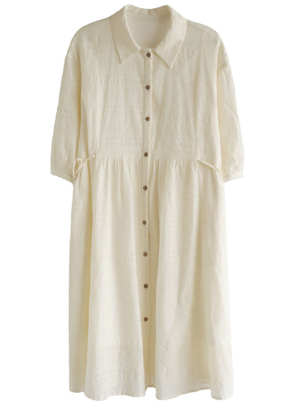 Beige Peter Pan Collar Wrinkled Drawstring Long Dresses Bracelet Sleeve