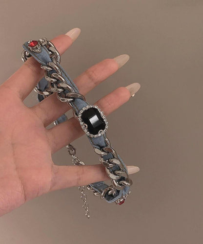 Denim Blue Metal Denim Crystal Chain Collar Necklace