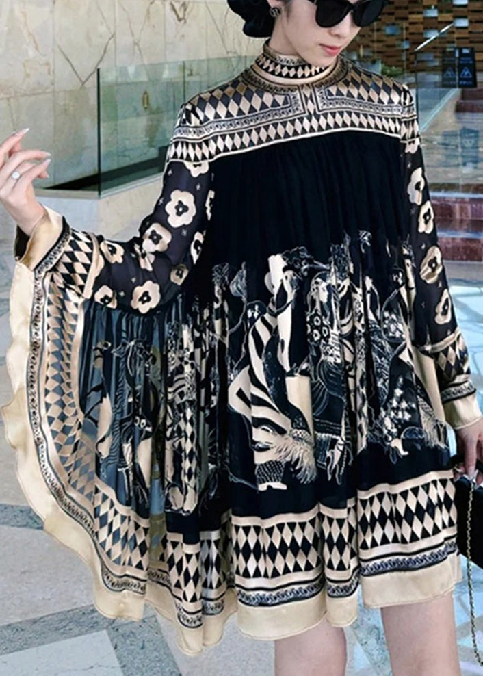 Diy Black Oversized Print Holiday Dress Batwing Sleeve